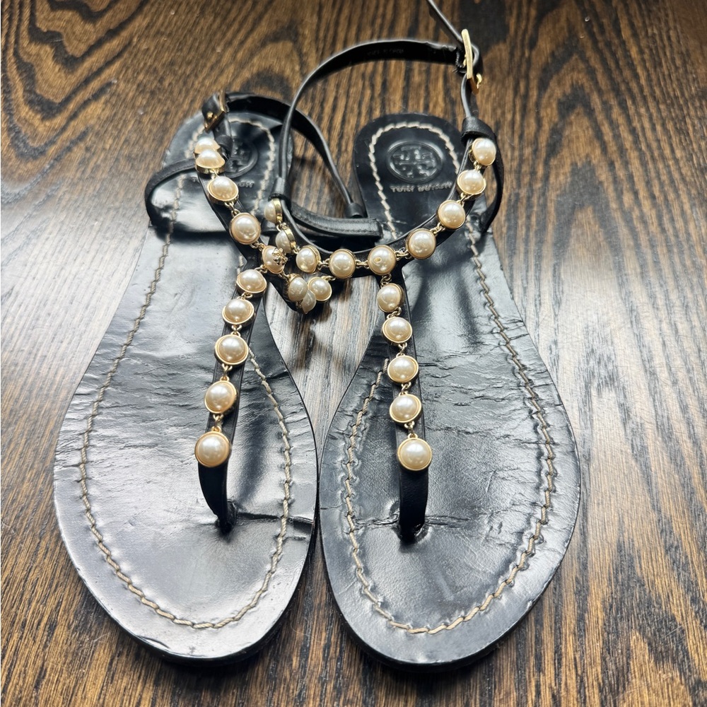 Tory Burch Black Sandals with Gold Pearl Details